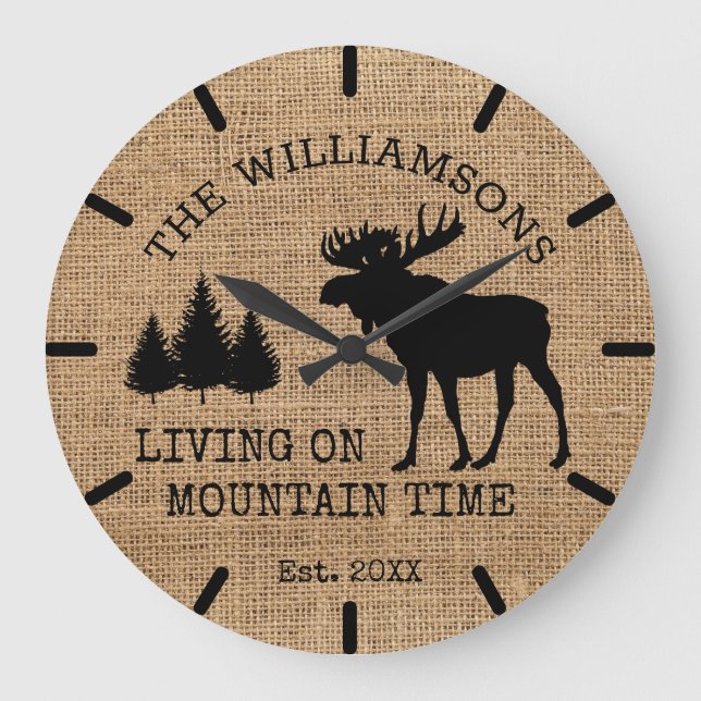 Rustic Land Burlap Living Mountain Time Moose Stor Klocka (Framsida)