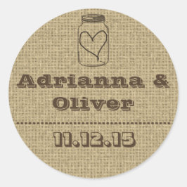 Rustic Land Burlap Mason Burk Wedding Favor Runt Klistermärke