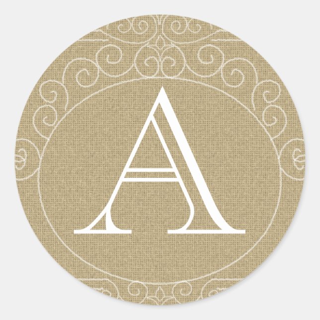 Rustic Land Burlap Monogram Wedding Favor Runt Klistermärke (Framsida)