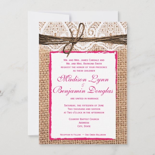 Rustic Land Burlap Snöre Rosa Bröllopsinbjudan Inbjudningar (Framsida)