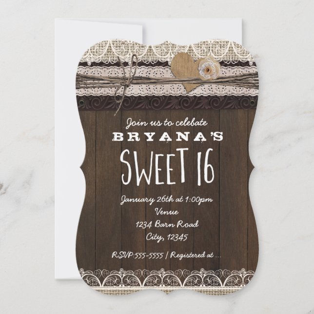 Rustic Land Burlap & Snöre SWEET 16-inbjudan Inbjudningar (Framsida)