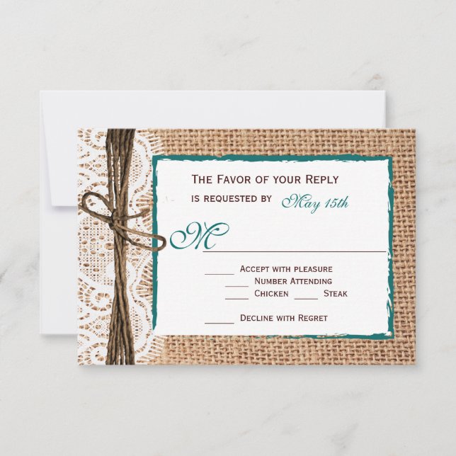 Rustic Land Burlap Snöre Teal Bröllop OSA Card (Framsida)