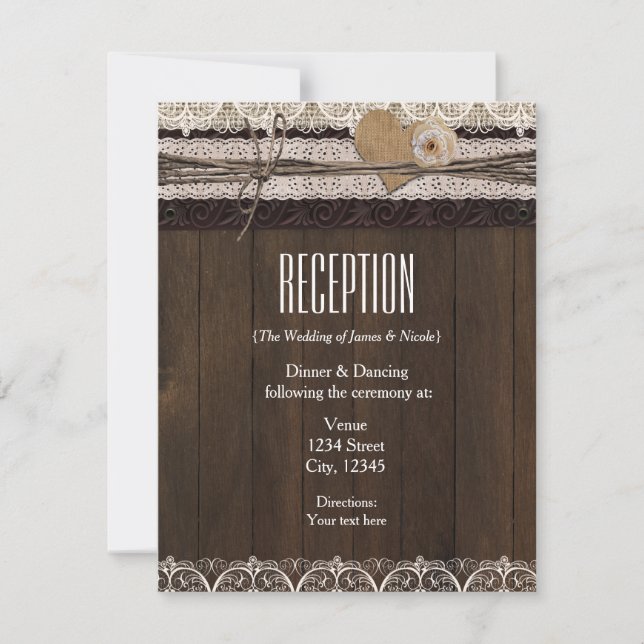 Rustic Land Burlap Snöre & Wood Reception Card Inbjudningar (Framsida)