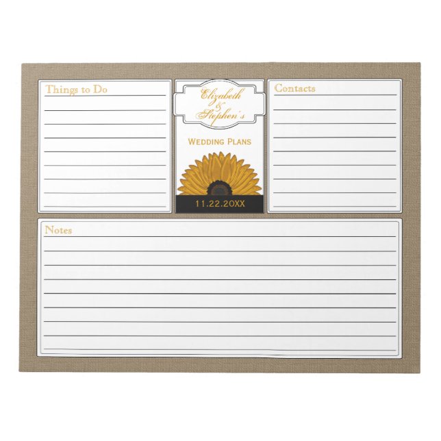 .Rustic Land Burlap SolrossolrosBröllopsfixaren Anteckningsblock (Framsida)