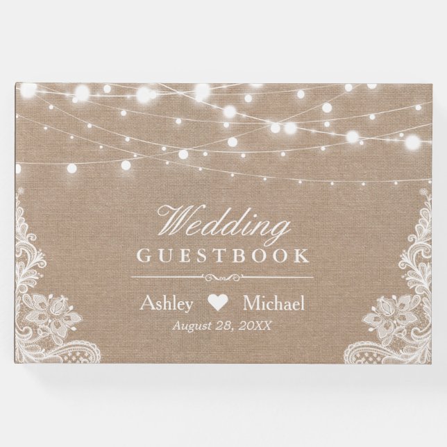 Rustic Land Burlap String Ljus Snöre Bröllop Gästböcker (Framsida)