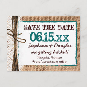 Rustic Land Burlap Teal Save Date Postcard Meddelande Vykort