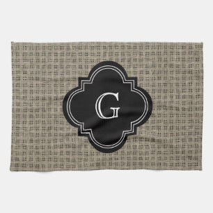 Rustic Land Burlap Titta, svart monogrametikett Kökshandduk