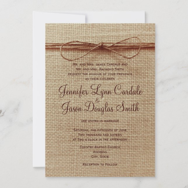 Rustic Land Burlap Twine Bow Wedding bjudande Inbjudningar (Framsida)