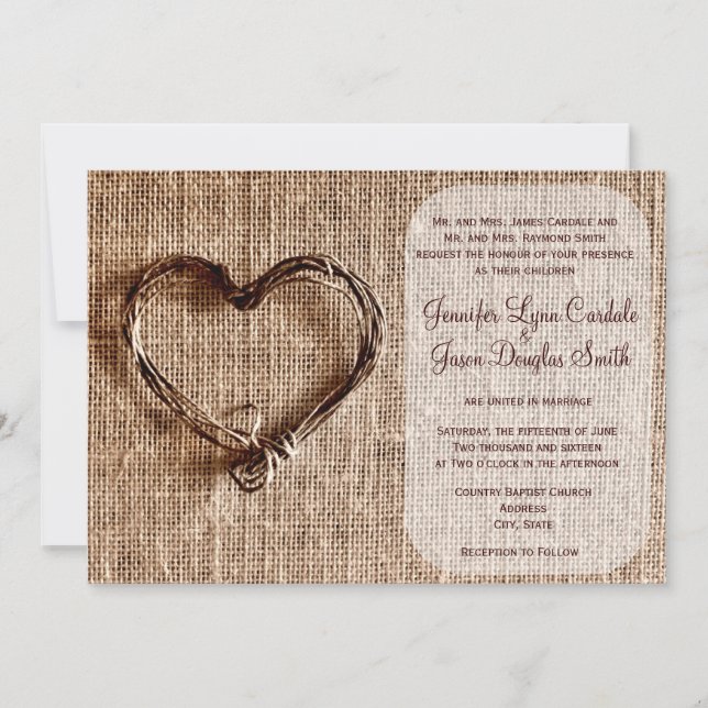 Rustic Land Burlap Twine Heart Wedding bjudande in Inbjudningar (Framsida)
