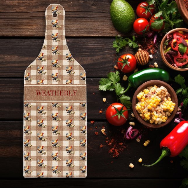 Rustic Land Checks Chicken Monogram | NAMN (Rustic Country Checks Chicken and Chicks Monogram or Name Glass Cutting Board)