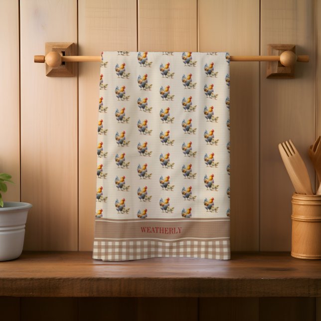 Rustic Land Checks Chicken Monogram | NAMN Kökshandduk (Rustic Country Checks Chicken and Chicks Monogram or Name Kitchen Towel)