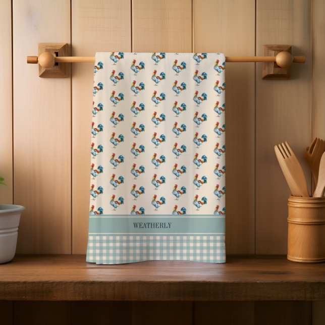 Rustic Land Checks Tupp Monogram | NAMN Kökshandduk (Rustic Country Checks Rooster Pattern Monogram or Name Kitchen Towel)
