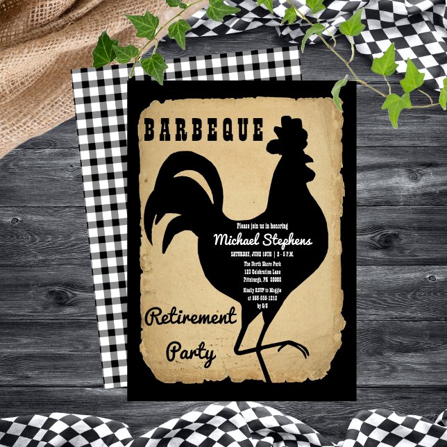 Rustic Land Chicken Barbeque Pension Party Inbjudningar (Rustic Country Rooster Chicken BBQ Retirement Party Invitation)