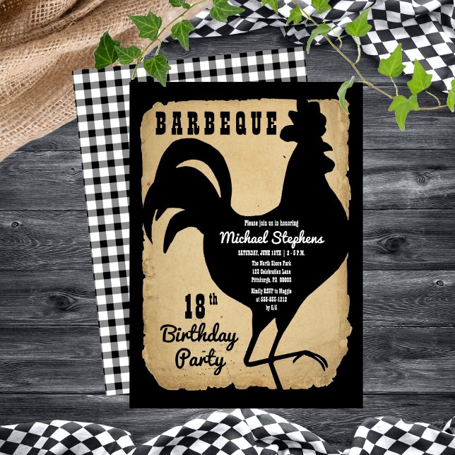 Rustic Land Chicken BBQ 18:e Födelsedagsfesten Inbjudningar (Rustic Country Rooster Chicken BBQ 18th Birthday Party Invitation )