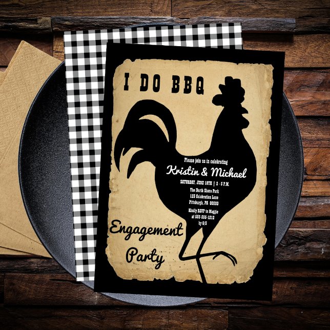 Rustic Land Chicken I DO BBQ Förlovningsfest Inbjudningar (Rustic Country Rooster Chicken BBQ Engagement Party Invitation)