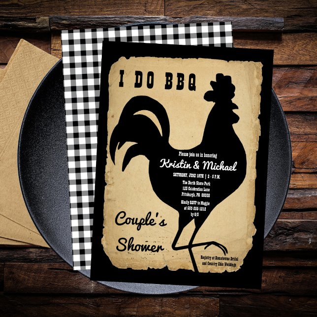 Rustic Land Chicken I GÖR BBQ Couples Shower Inbjudningar (Rustic Country Rooster Chicken BBQ Couple's Shower Invitation)