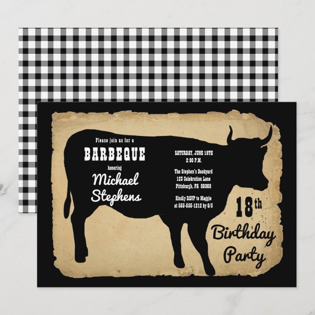 Rustic Land Cow 18:e Födelsedagsfesten Barbeque Inbjudningar (Fram/baksida)