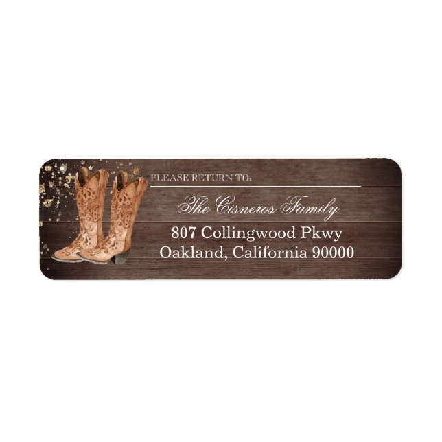 Rustic Land Cowboy eller Cowgirl Boots Adress Returadress Etikett (Framsidan)