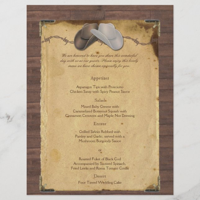 Rustic Land Cowboy Hats Bröllop Menu (Framsida)