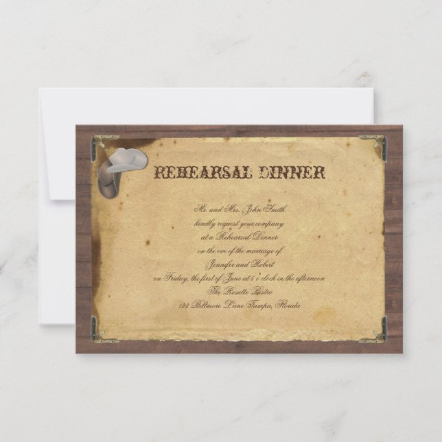 Rustic Land Cowboy Hats Bröllop Rehearsal Inbjudningar (Framsida)