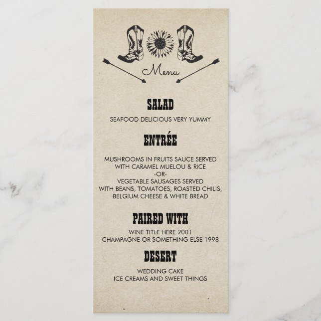 Rustic Land CowboyBoots Bröllop Menu-kort Meny (Framsida)