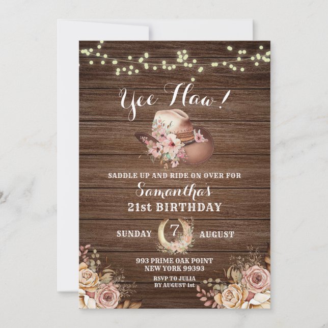 Rustic Land Cowgirl Blommigt Birthday Investigatio Inbjudningar (Framsida)