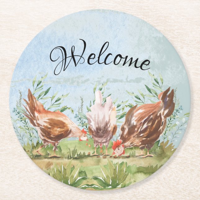 Rustic Land Farmhouse Chickens Tupp Underlägg Papper Rund (Framsidan)