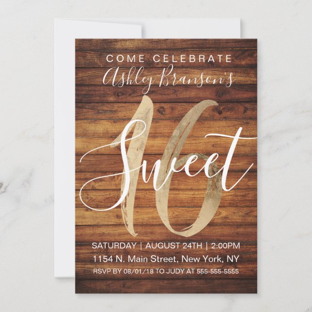 Rustic Land Faux Gold Foil Wood Sweet 16 Inbjudningar (Framsida)