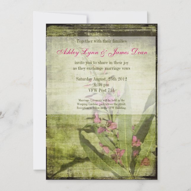 Rustic Land Fireweed Wedding Rosa Inbjudningar (Framsida)