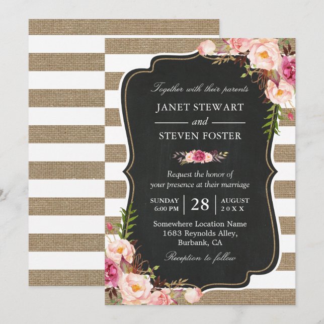 Rustic Land Flowers Burlap Rand Chic Bröllop Inbjudningar (Fram/baksida)