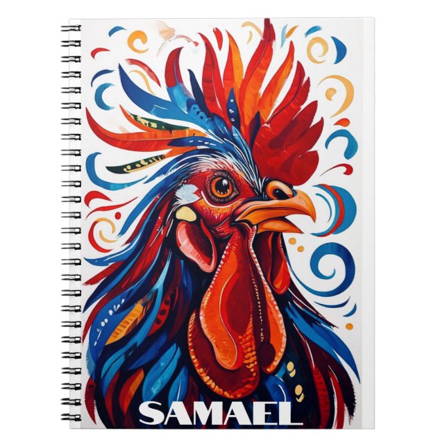 Rustic Land Folk Tupp Chicken Red Blue Namn Anteckningsbok (Framsidan)