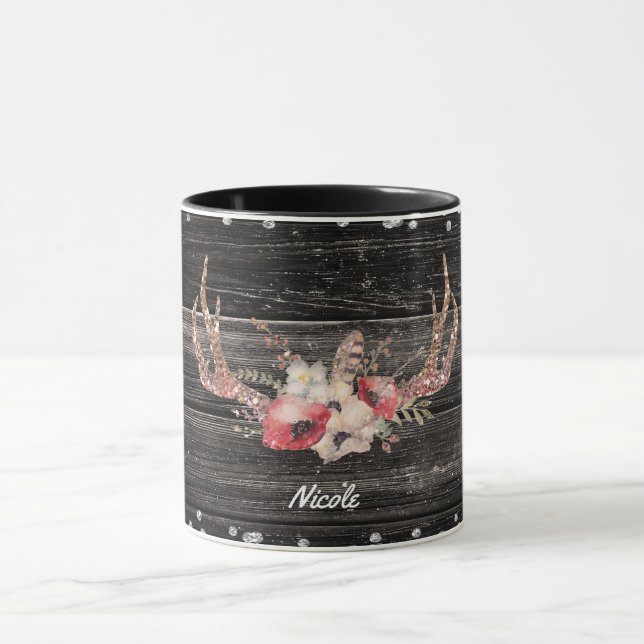 Rustic Land Glam Flowers & Antlers Chic Boho Mugg (Center)