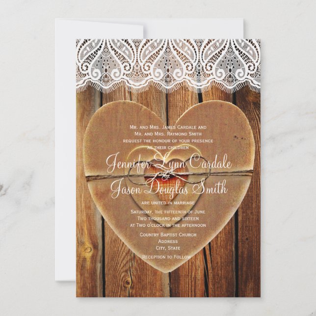 Rustic Land Hearts Barn Wood bröllopsinbjudan Inbjudningar (Framsida)
