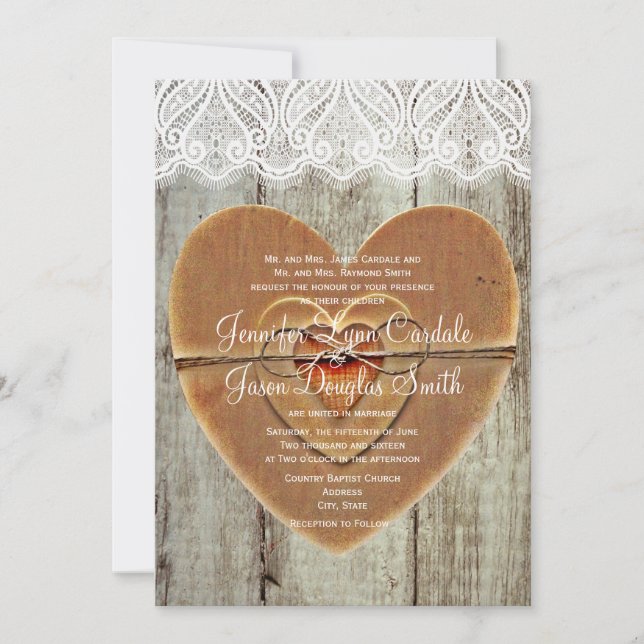 Rustic Land Hearts Barn Wood Wedding bjudande Inbjudningar (Framsida)