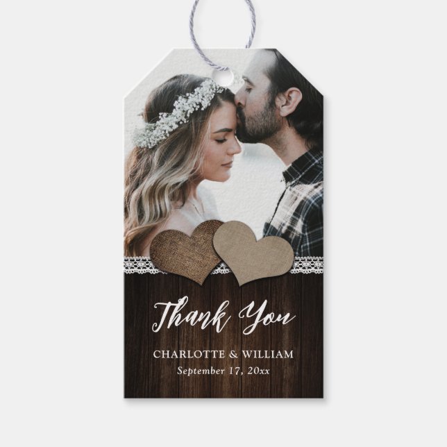 Rustic Land Hearts Wood Snöre Photo Bröllop Presentetikett (Framsidan)