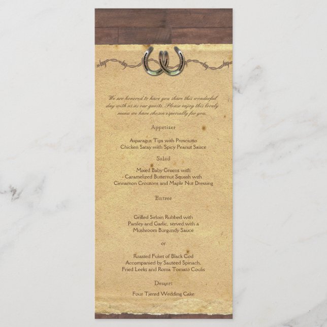 Rustic Land Horseshoes Barbed Wire Bröllop Menu Meny (Framsida)