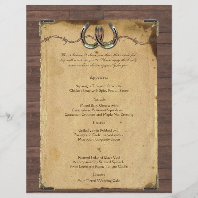 Rustic Land Horseshoes Bröllop Menu (Framsida)