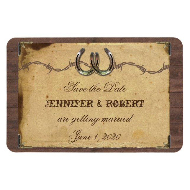 Rustic Land Horseshoes Bröllop spara datum Magnet (Horisontell)