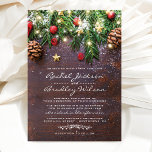 Rustic Land jul Helgdag Winter Wedding Inbjudningar<br><div class="desc">Rustiska vinterbröllopsinbjudningar med en mörk träbakgrund,  julgran grenar,  dekorationer för röd och guld träd och ljus för snörpning.</div>
