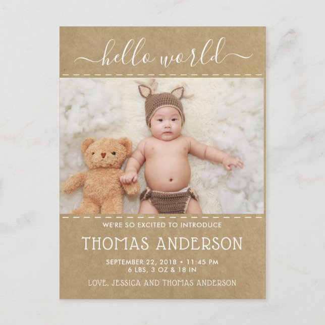 Rustic Land Kraft Foft Birth Notice Meddelande Vykort (Framsida)