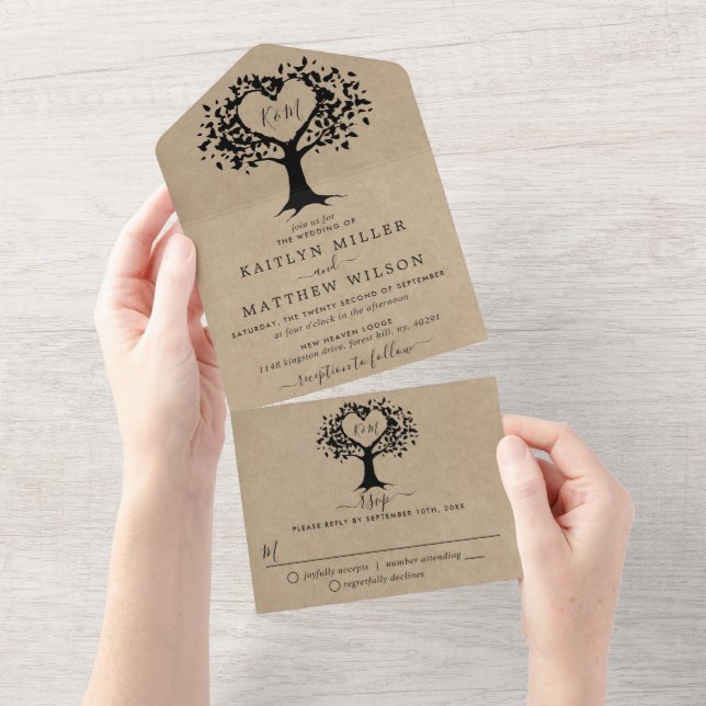 Rustic Land Kraft Monogram Heart Träd Bröllop (Avrivbar del)