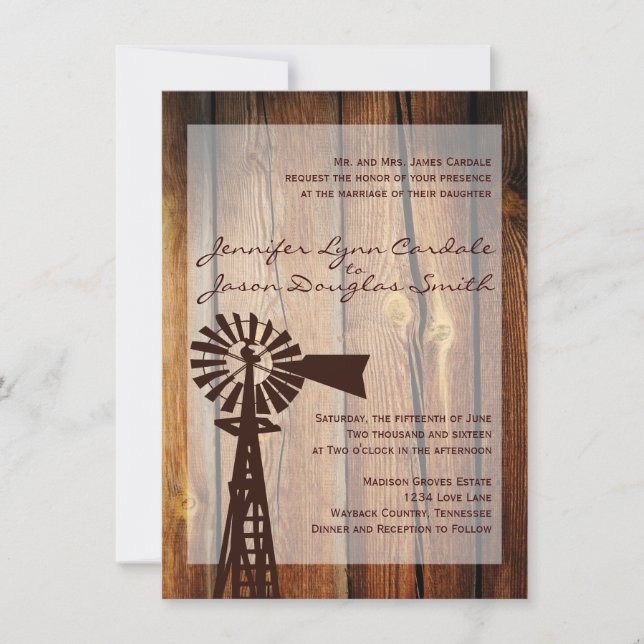 Rustic Land Kvarn Wood Wedding bjudits in Inbjudningar (Framsida)
