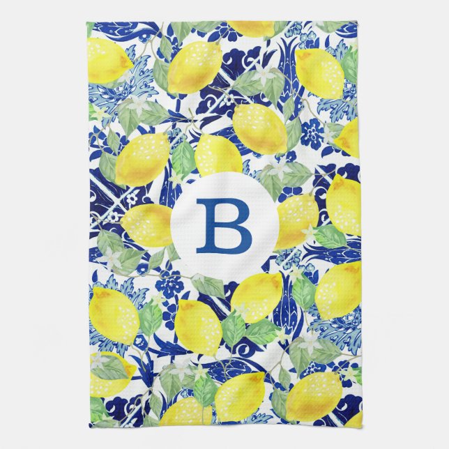 Rustic Land Lemons & Blue Blommigt | Monogram Kökshandduk (Vertikal)