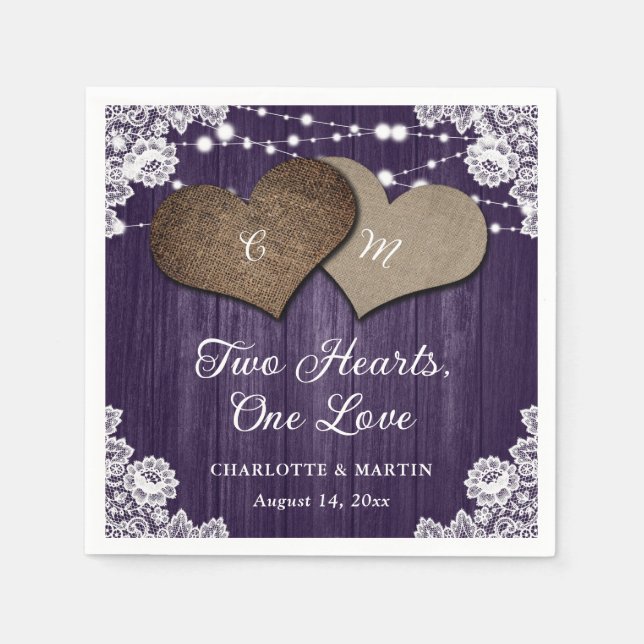 Rustic Land Lila Wood Burlap Snöre Bröllop Pappersservett (Framsidan)