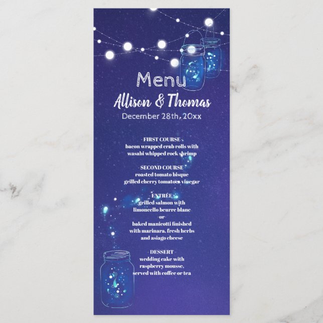Rustic land ljus mason burk fireflies Bröllop Meny (Framsida)