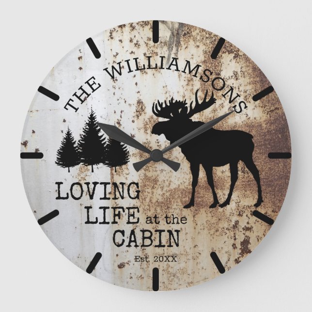 Rustic Land Loving Life vid Cabin Moose Stor Klocka (Framsida)