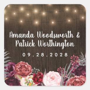 Rustic Land Marsala Peony Fall Wedding Favor Fyrkantigt Klistermärke
