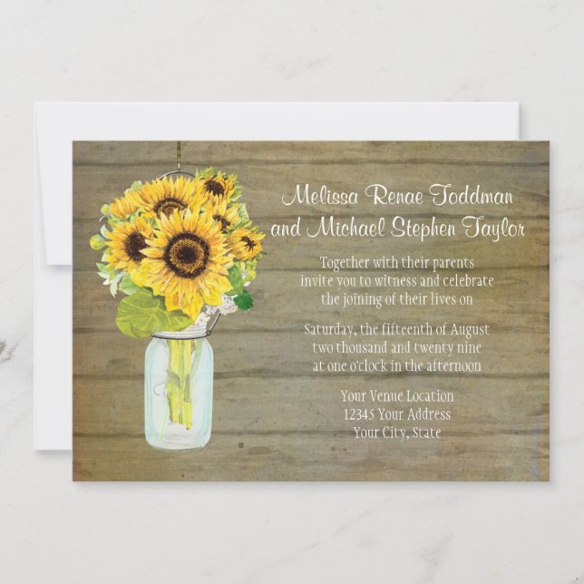 Rustic Land Mason Burk Blommor Solros Hanging Inbjudningar (Framsida)