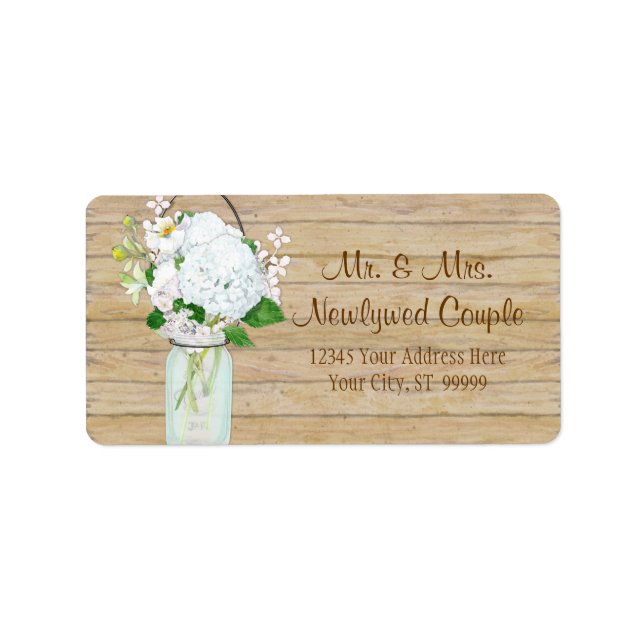 Rustic Land Mason Burk Flowers White Hydrangeas Adressetikett (Framsidan)