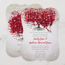 Rustic Land Mason Burk Red & Silver Träd Bröllop Inbjudningar